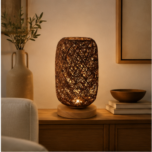 Lampe en rotin tressé avec socle en bois | VELIA