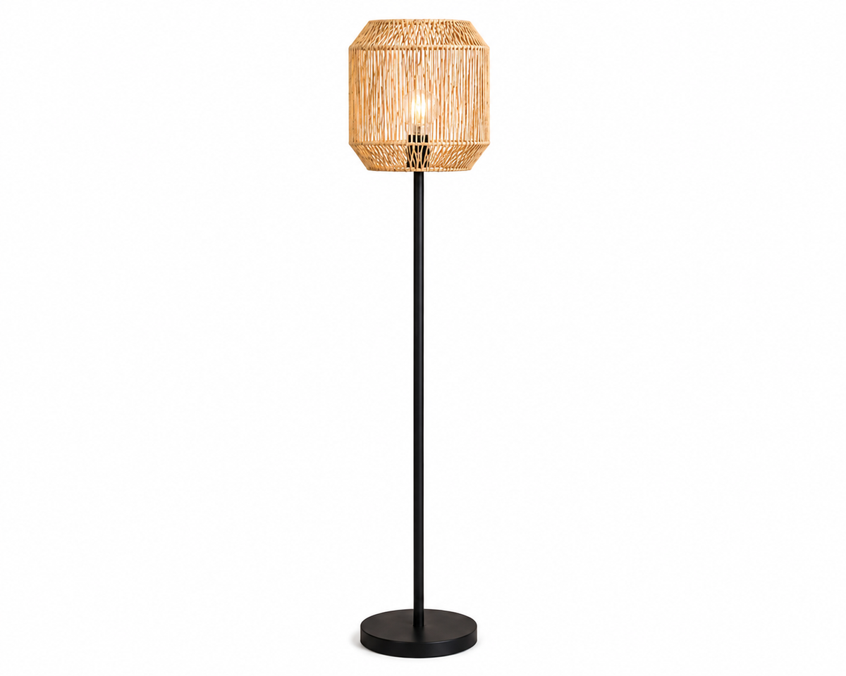 Lampadaire en rotin tressé et métal noir | TROI