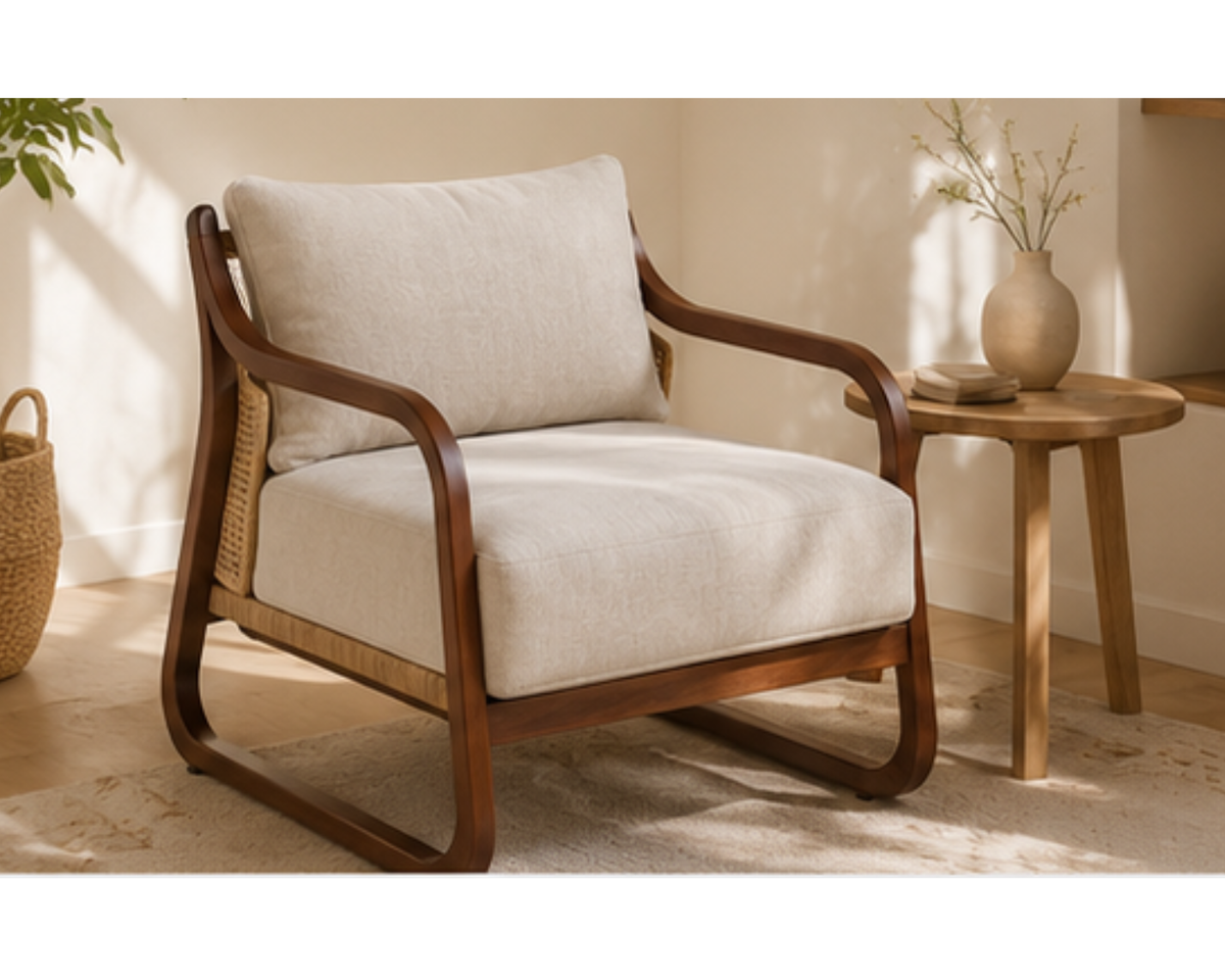 Fauteuil lounge en rotin et coussins écrus | LUGO