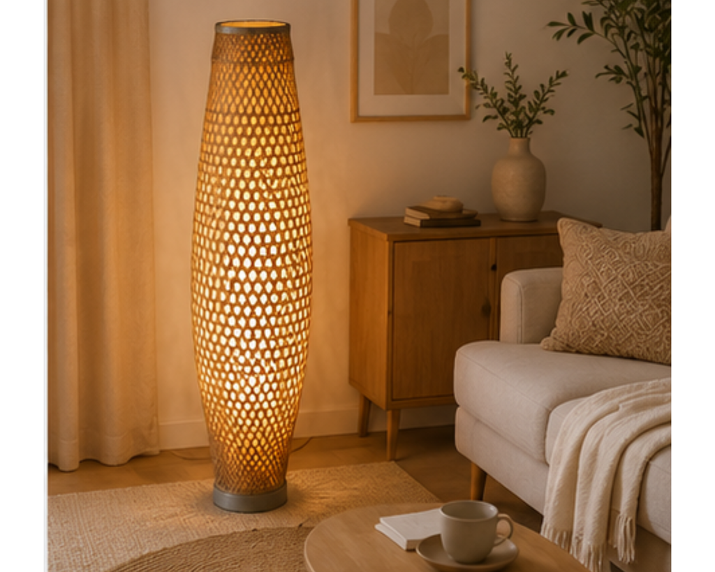 Lampadaire colonne en rotin tressé ajouré | VASO