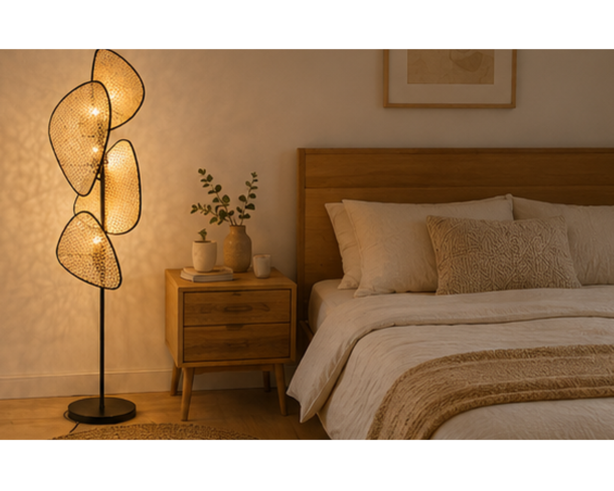 Lampadaire en cannage naturel et métal noir | FOYE
